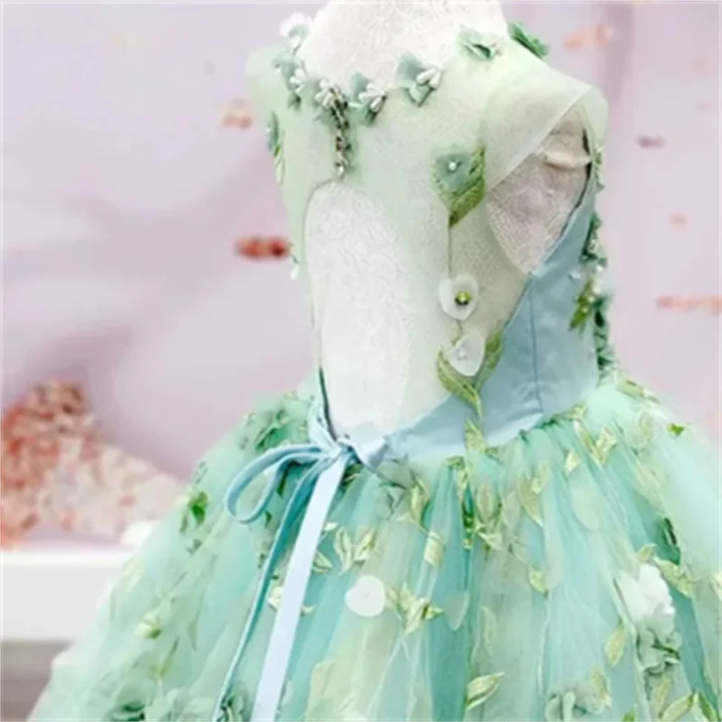 

Customized Flower Girl Dress For Wedding Appliques High Waist Sleeveless Elegant Kids Birthday Party First Communion Gown