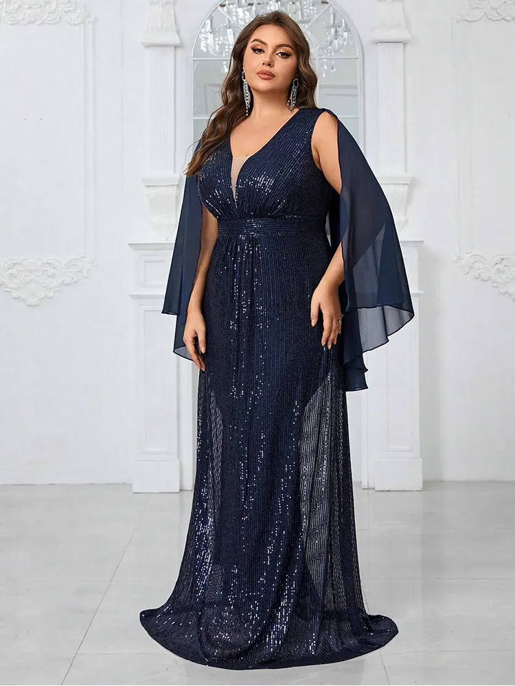 Plus Size V-Neck Sapphire Blue Dinner Party Dress 4xl5xl Big Size Chiffon Shawl Floor-Length Shiny Luxury Evening Dress Women