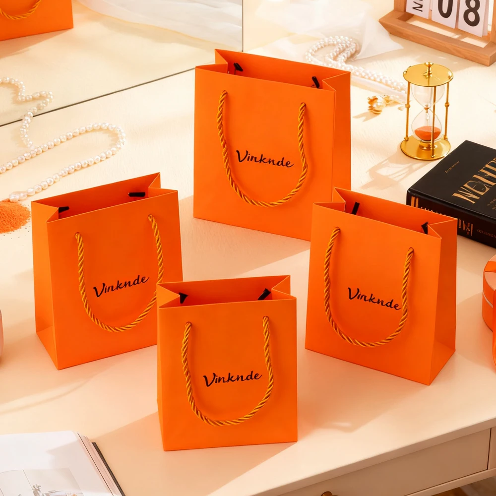 

Оранжевые бумажные подарочные сумки с ручками, индивидуальный логотип, благодарственные подарки, ювелирная сумка на день рождения, свадьбу, детский душ, свадебный душ