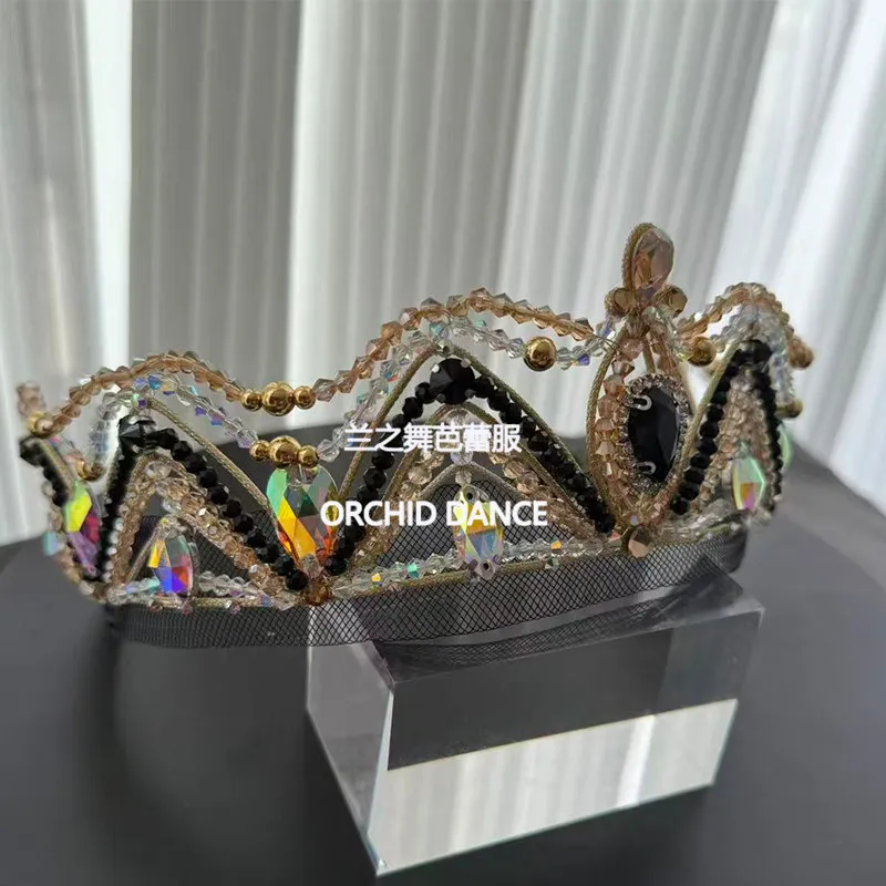 Ballet crown headpiece decorated with black‑gold iridescent rhinestone geometric hollow tiara for ballet character solo stage co