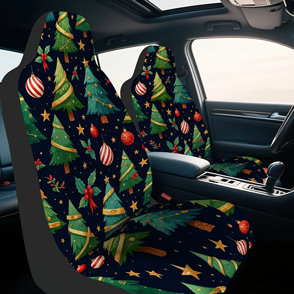 2pcs Winter Snowflake & Christmas Tree Car Seat Covers Compatible For Front Seat Protectors - Heavy-Duty Washable Fabric, All-Se