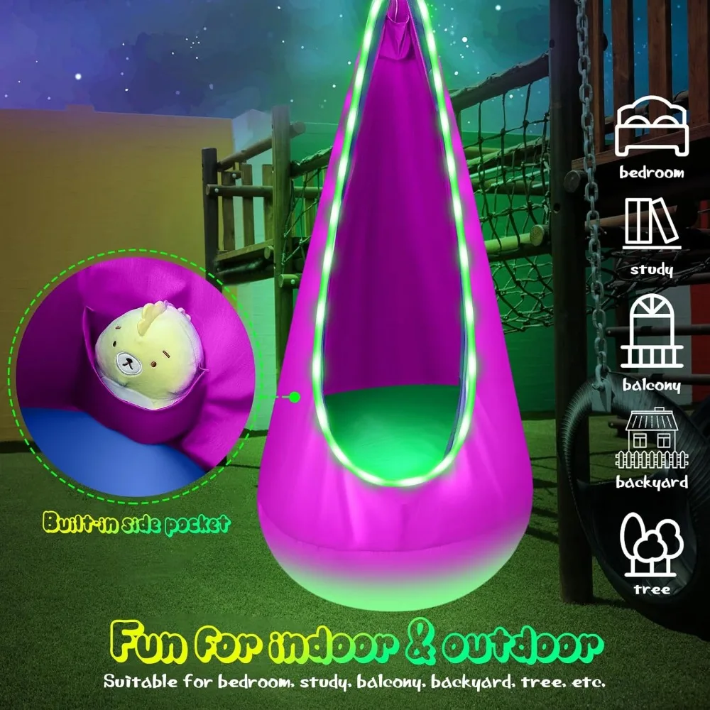 Light Up Kids Pod Swing Seat, Kids Hanging Hammock Swing with LED Lights, Sensory Pod Swing Chair with Inflatable Pillow