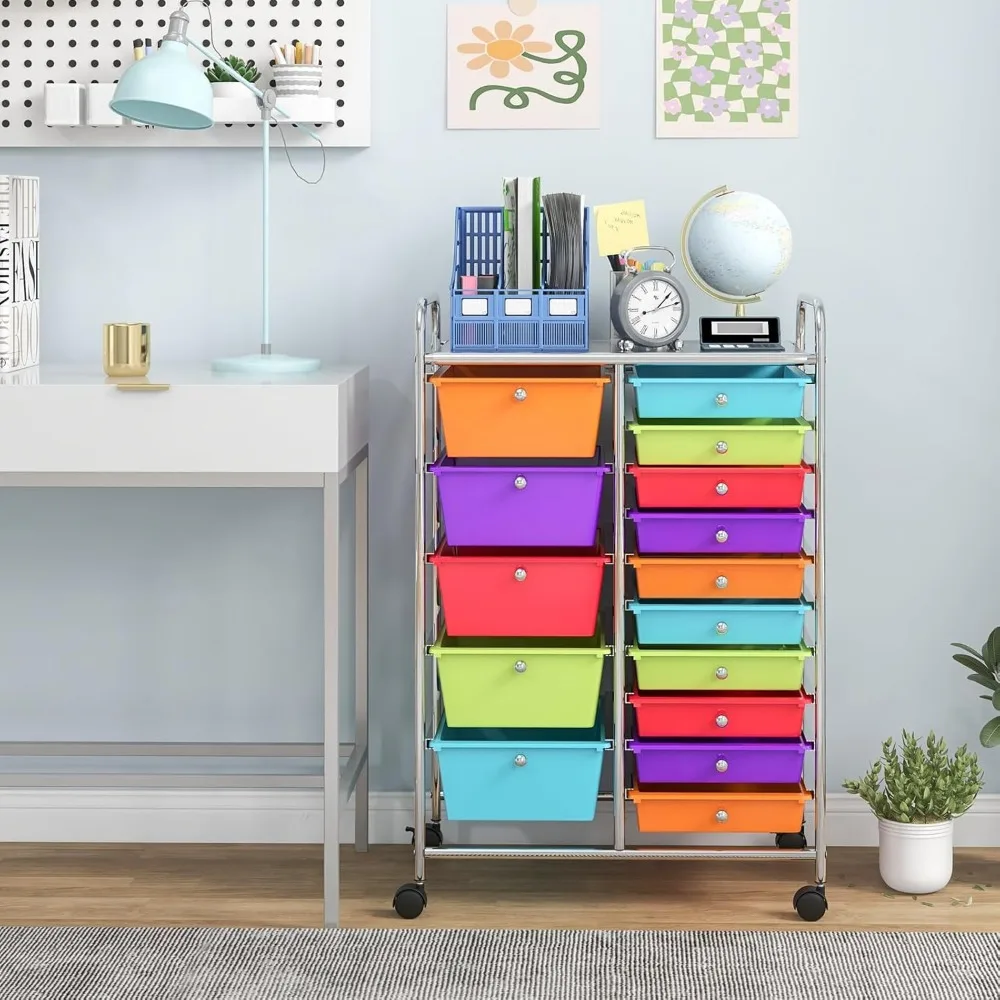 15-Drawer Organizer Cart Office School Storage Cart Rolling Drawer Cart for Tools, Scrapbook, Paper