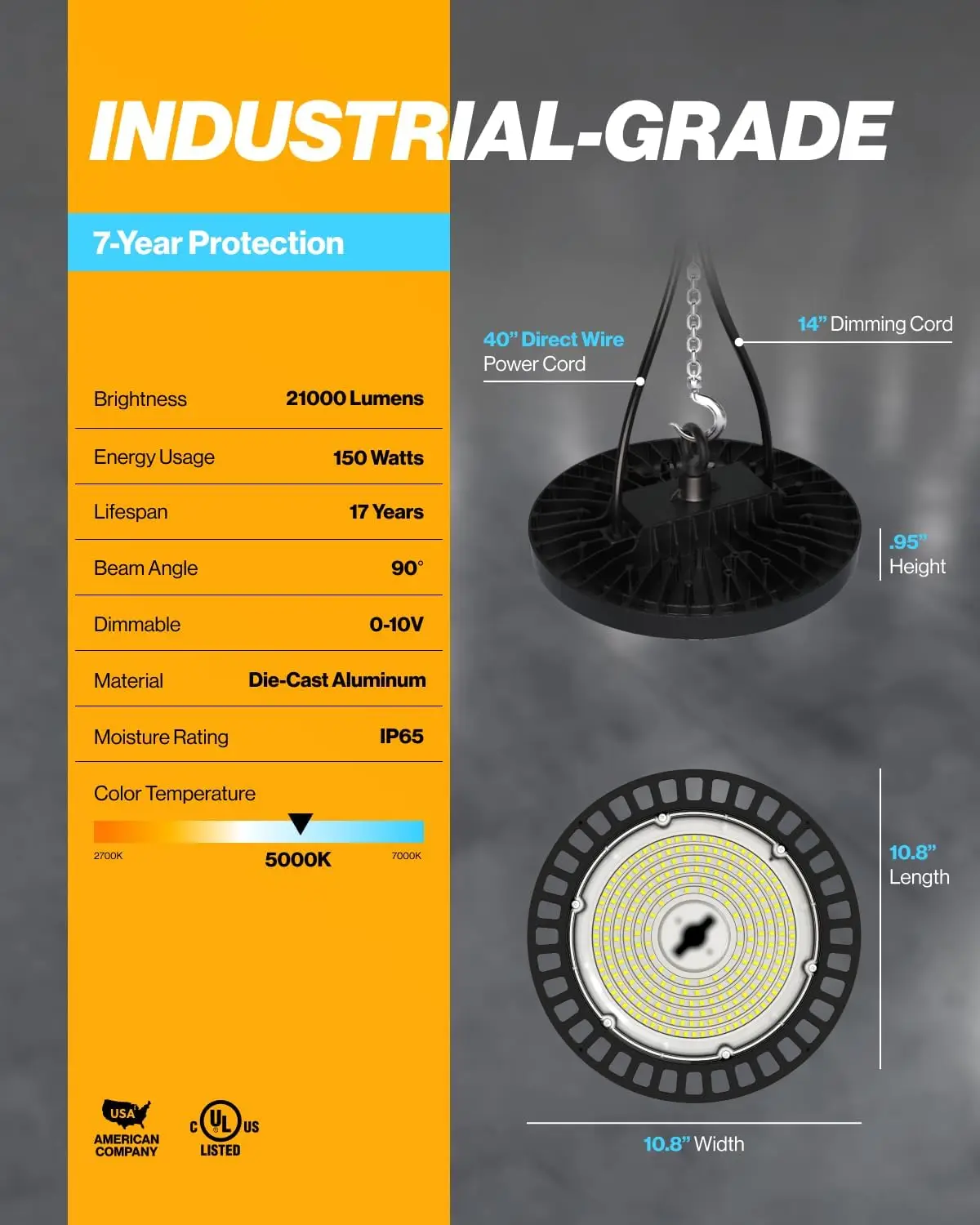 High Bay Light Lighting for Warehouse 5000K Daylight 150W 21000 LM 100-277V Dimmable