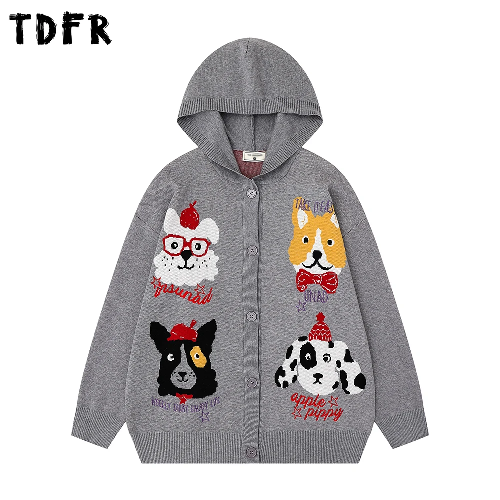 Suéter de Jacquard con dibujos de cachorros para hombre, suéter de punto Retro informal holgado de manga larga con cuello redondo y una botonadura, Otoño e Invierno