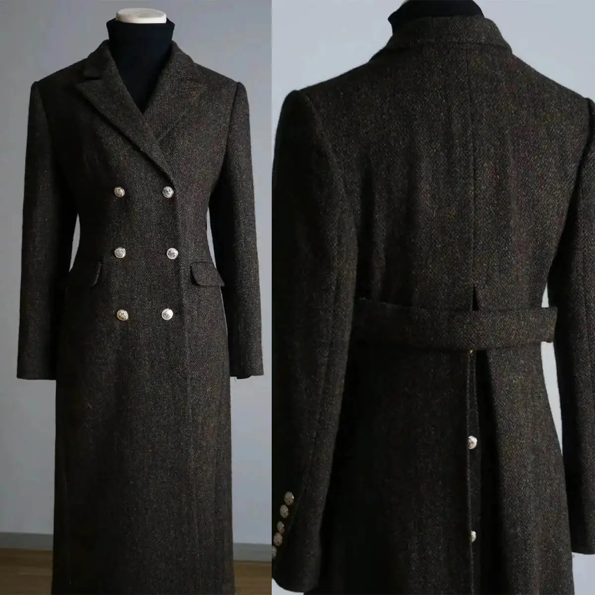 

Handsome Men Coat One Piece Double Breasted Peaked Lapel Autumn Winter Long Jacket Blazer Business Party Custom Made