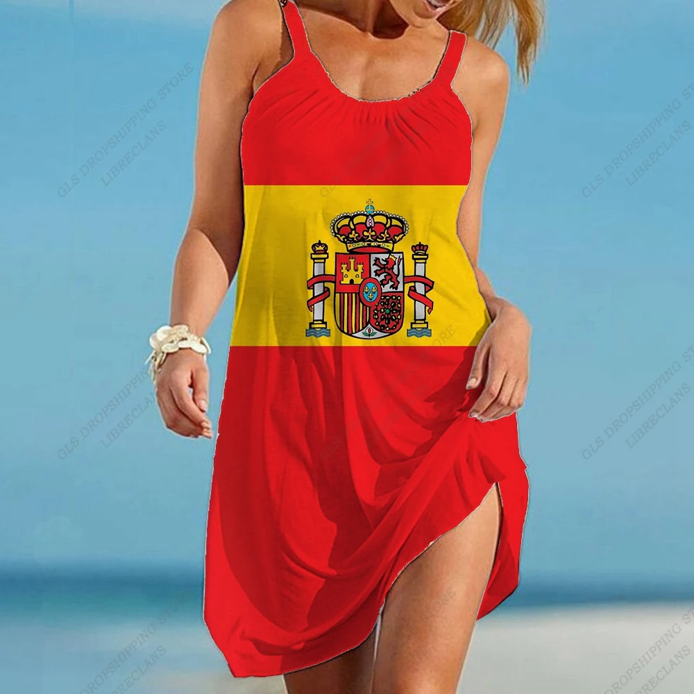 Spain Flag Dress Sleeveless Casual Summer Strap Beach Dress Bohemian Party Evening Dresses Midi Elegant Espain Sundress Girl Hem