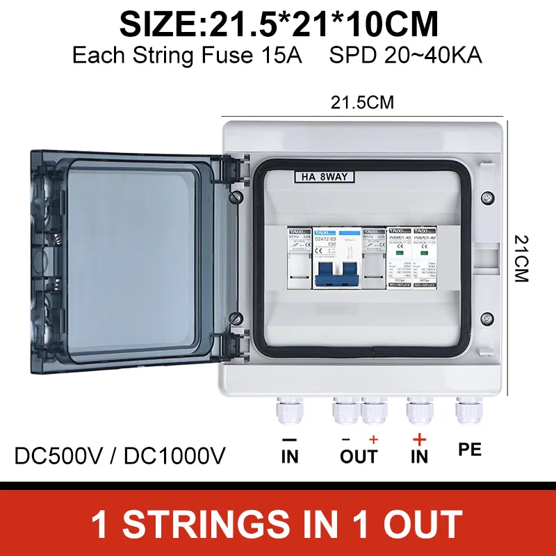 Solar PV combiner box 1 strings 2 trings with off grid solar energy  DC circuit breaker DC surge protector device IP65 DC FUSE