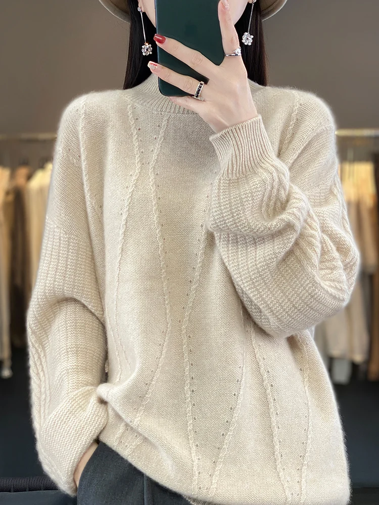 Women's Mock Neck Hollow Out Sweater Pullovers 100% Pure Wool Cashmere Loose Vintage Solid Knitwear Autumn Winter Clothing Tops