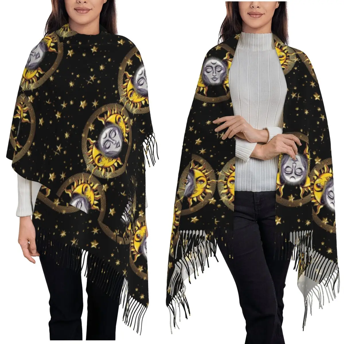 

Шарф Boho Golden Crescent Moon And Sun Witch Шарфы с кисточками для женщин Мягкие теплые шали и накидки Длинная осенне-зимняя шаль