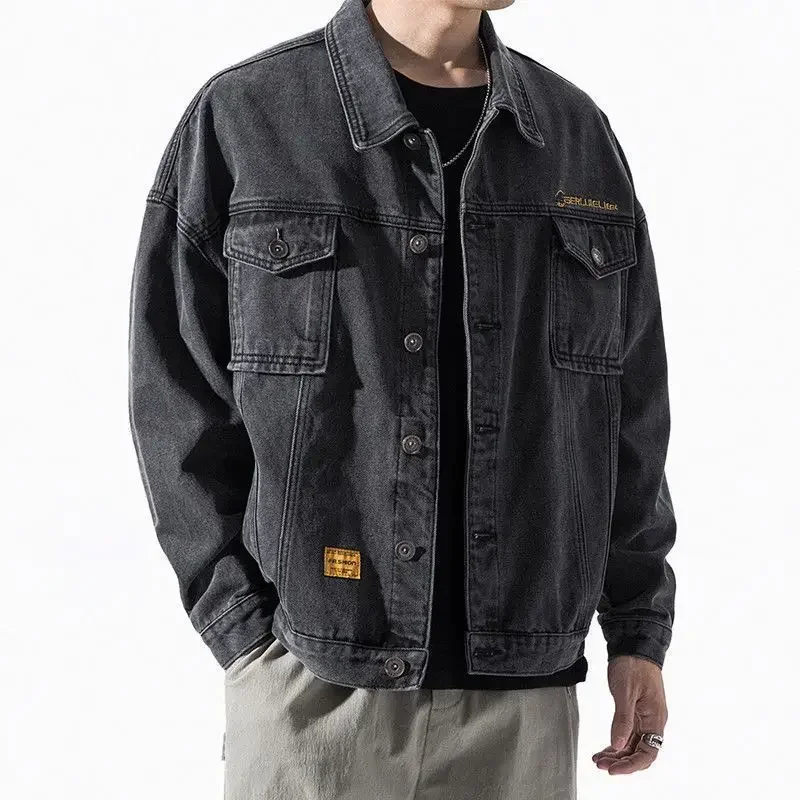 Men's Denim Jacket Blue Button Male Jean Coats with Embroidery Loose Big Size Worn Casual Cowboy Low Price Cheap Stylish Trendy