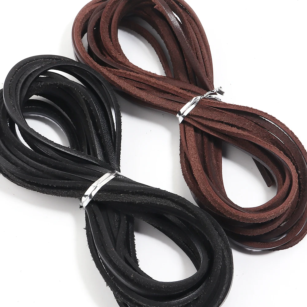 Cordón de cuero genuino de vaca de 5 yardas y 3 mm, cuerda de cuero plana vintage para hacer joyería DIY, pulseras y accesorios de artesanía trenzados.