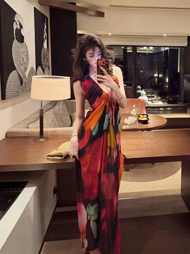 

XZY plus Size Vintage Leopard Print Gradient V-Neck Sleeveless Dress Women's Summer Elegant Long Dress French Style Loose Fit