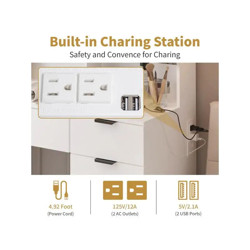 مجموعة زينة كبيرة مع 3 مرايا وأضواء LED، طاولة مكياج مع أدراج تخزين ورفوف، مقعد مبطن لغرفة النوم، أبيض #3