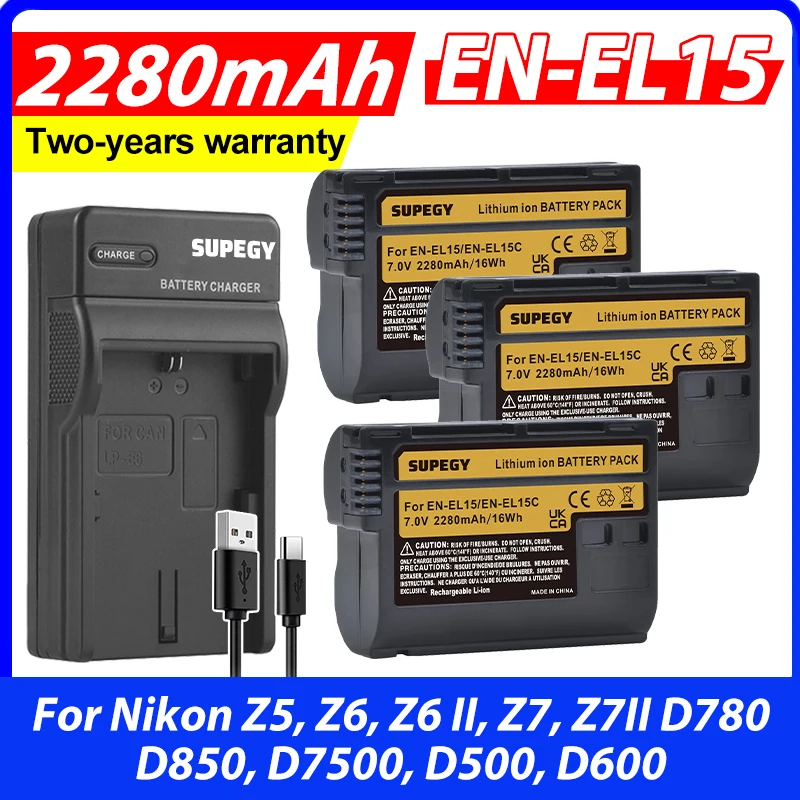 2280mAh EN-EL15C EL15C EN EL15 Battery + Charger for Nikon Z5, Z6, Z6 II, Z7, Z7II D780, D850, D7500, D500, D600