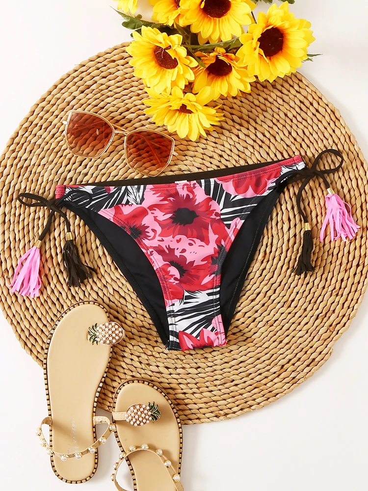 Bikini Bottoms 2024 New Women\'s Swimming Suit High Waisted Swimwear Bottom Print Tassel Beach Wear Brazilian Bathing Suit Summer