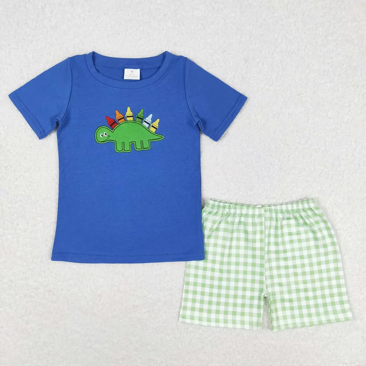 Wholesale Children Short Sleeves Back To School Shirt Kids Embroidery Blue Set Baby Boy Plaid Shorts Outfit Toddler Clothes