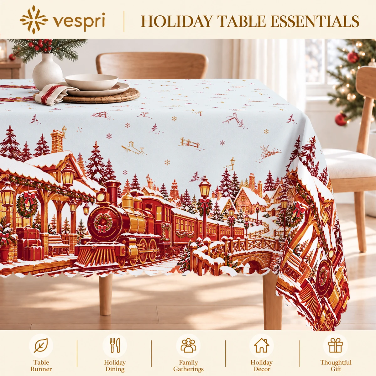 Winter Christmas Tablecloth with Holiday Trains & Bridges for Indoor/Outdoor Camping decor, Rectangular/Round/Oval