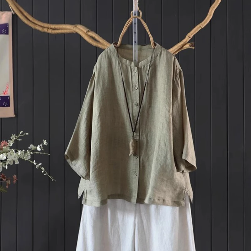 

100% Linen Women Casual Shirt New Arrival 2025 Summer Vintage Style Solid Color Loose Female Half Sleeve Tops Shirts M1713