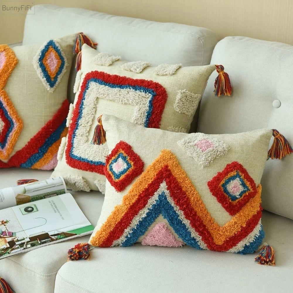 Luxury Moroccan Handmade Style Cushion Cover Wool Tassels Boho Style Ethnic Colorful Pillow Cover 45x45cm/30x50cm HomeDecoration