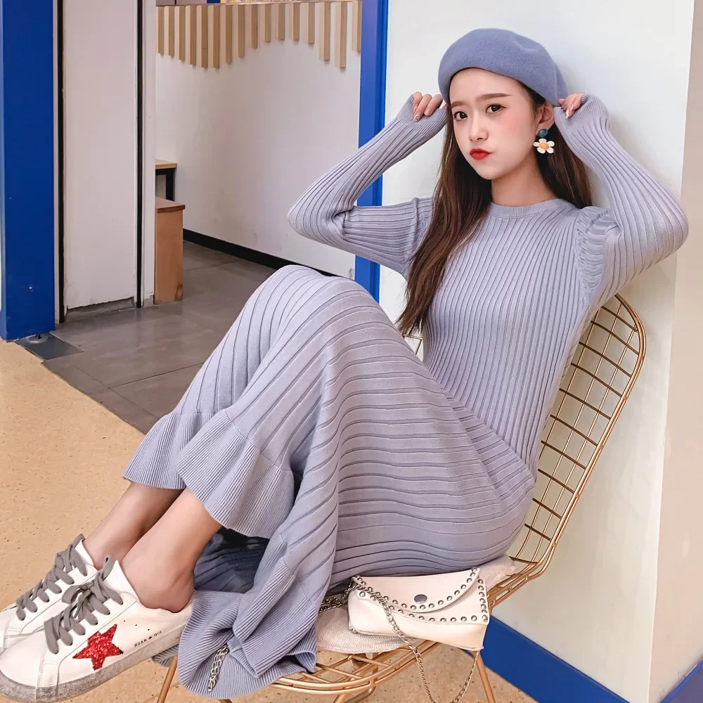 Koreaanse Stijl Elegante Gebreide Jurk Vrouwen Herfst Winter Casual Roze Trui Jurk O-hals Lange Mouw Ruches Gebreide Zeemeermin Bodycon