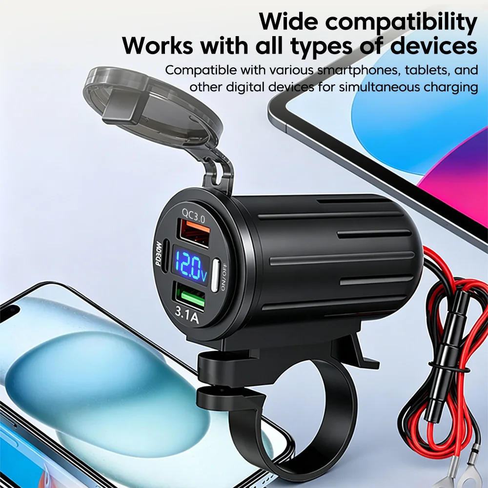 120W Car Charger Socket USB Type-c 4 Ports Digital Display Fast Charging Socket With 12V/24V Voltmeter For Car Boat Motorcycle