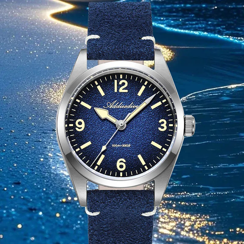 

ADDIESDIVE AD2544 Luxury Men's Quartz Watch 36mm Sapphire Glass 100M Waterproof Leather Strap Diver Wristwatch C3 Retro Luminous
