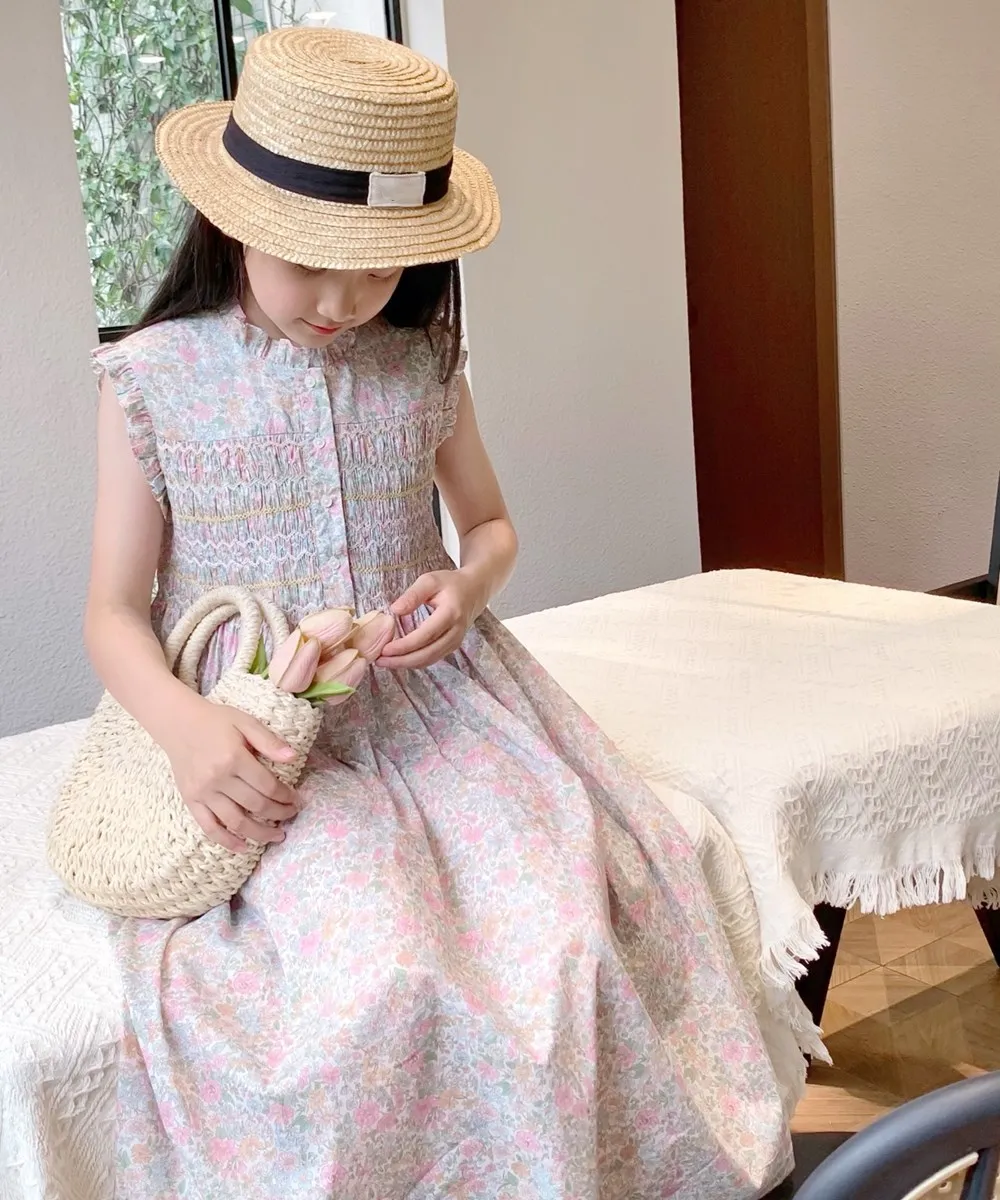 

Весеннее платье для девочек, платья для девочек во французском стиле, платье без рукавов с цветочным узором, изысканное платье ручной работы с вышивкой