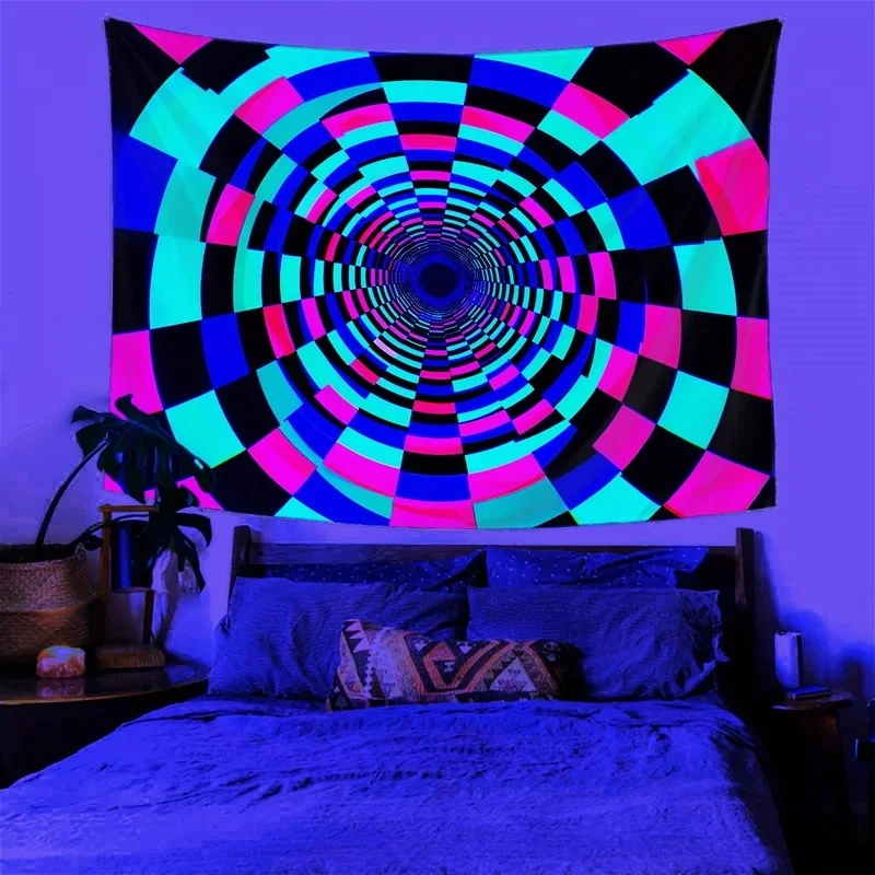 VIKAMA UV Blacklight Trippy Vortex Tapestry 3D Optical Illusion Checkerboard Wall Hanging Psychedelic Bedroom Dorm Decor Backdro