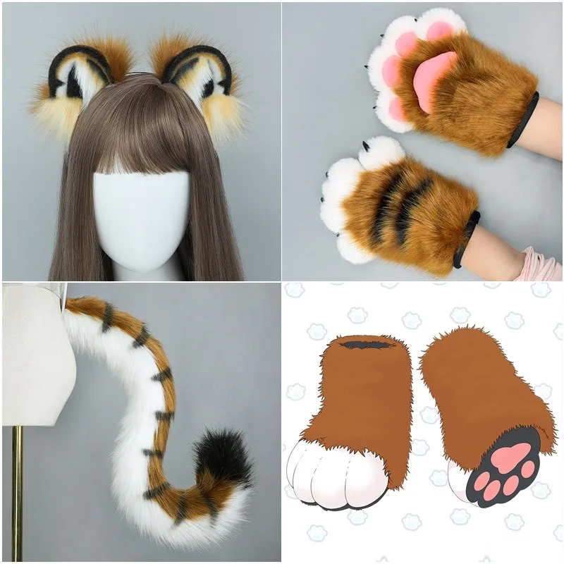 Novo trabalho artesanal orelhas azuis hairhoop cauda colar brincos cosplay tigre bandana lolita acessórios argola de cabelo headwear anime