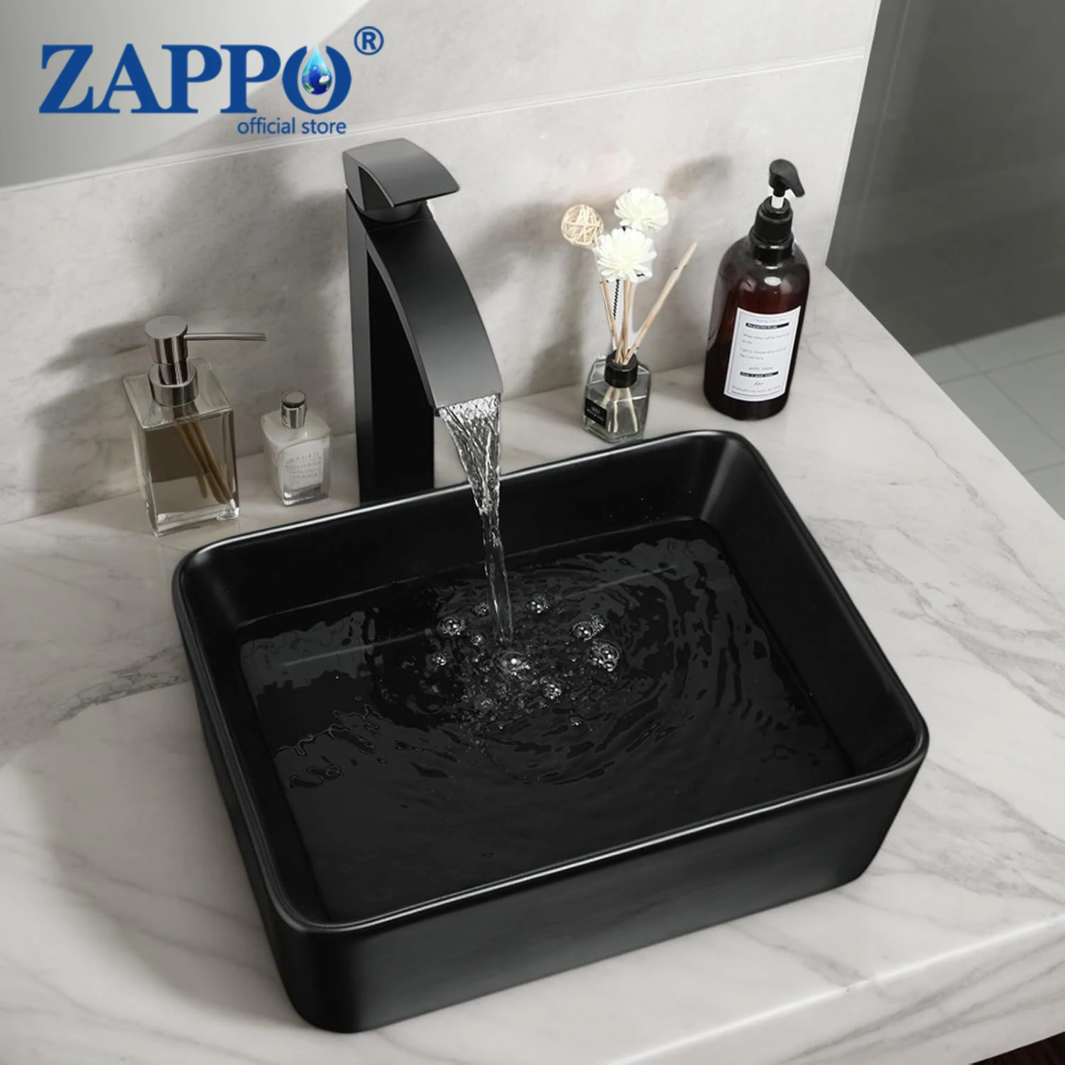 ZAPPO Square Matte Black Ceramic Vessel Sink Set, Modern Bathroom Above-Counter Basin with Matching Faucet Vanity Combo