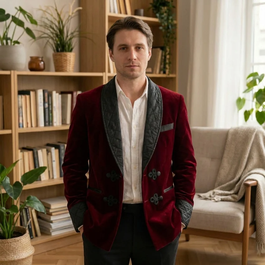 

Velvet Smoking Men Jacket with Mandarin Buttons 1 Piece Shawl Lapel Long Casual Home Suit Jacket Male Fashion Coat