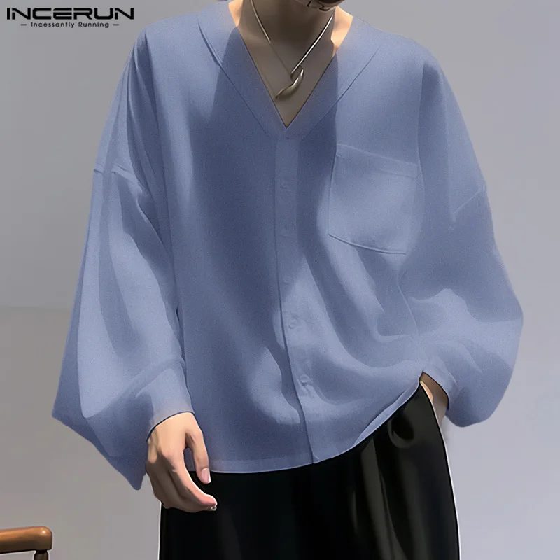 

INCERUN Tops 2024 Summer Men Shirts V-neck Lantern Sleeve Shirt Casual Male Solid Men Clothing Chemise Long Sleeved Blouse S-5XL