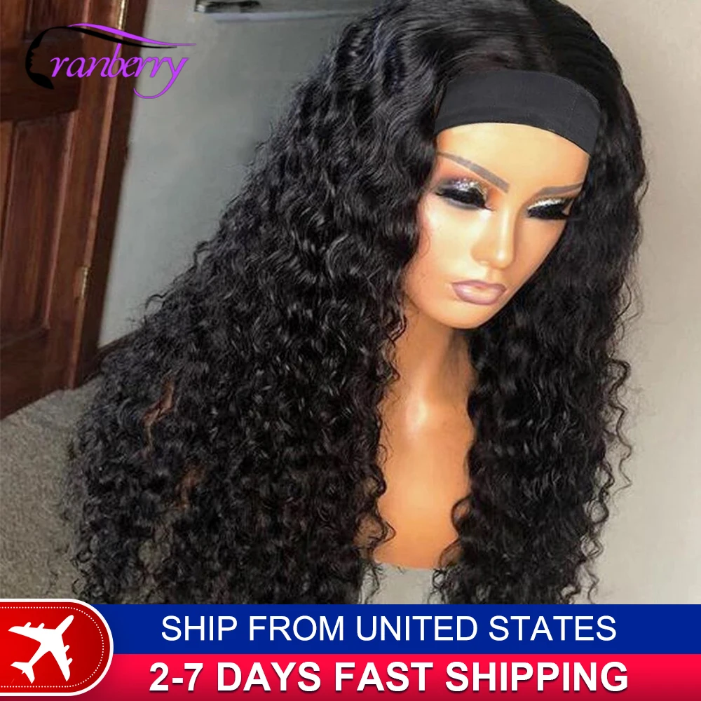 Wet And Wavy Deep Curly Wave Headband Wig Full Machine Made Curly Wave Human Hair Wig No Glue Easy To Wear