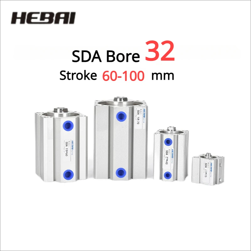 

HEBAI HEBAI Pneumatic Air Cylinder SDA Series Aluminum Alloy Double Action Compact Type 32mm Bore To 60/70/75/80/90/100mm Stroke