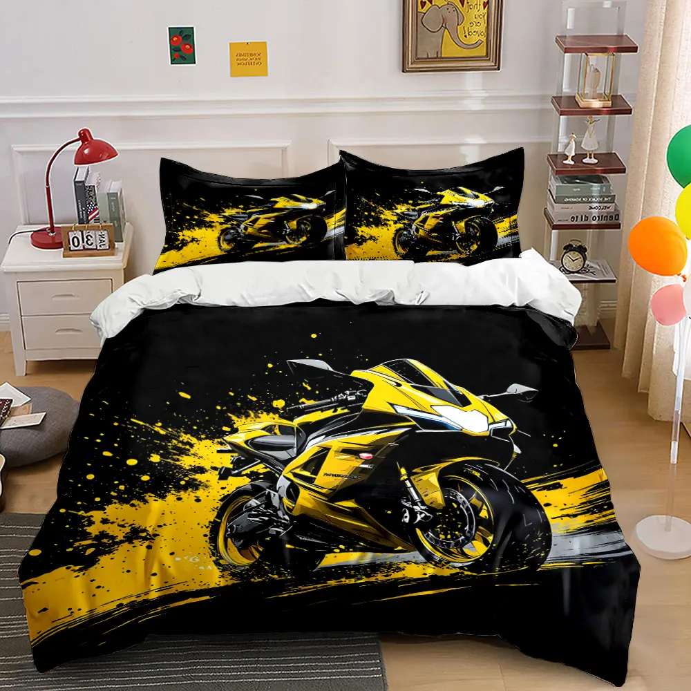 Yellow Sport Motorcycle Artwork Print Soft Comfortable Duvet Cover Bedding Set Included 1*Duvet Cover  2*Pillowcases