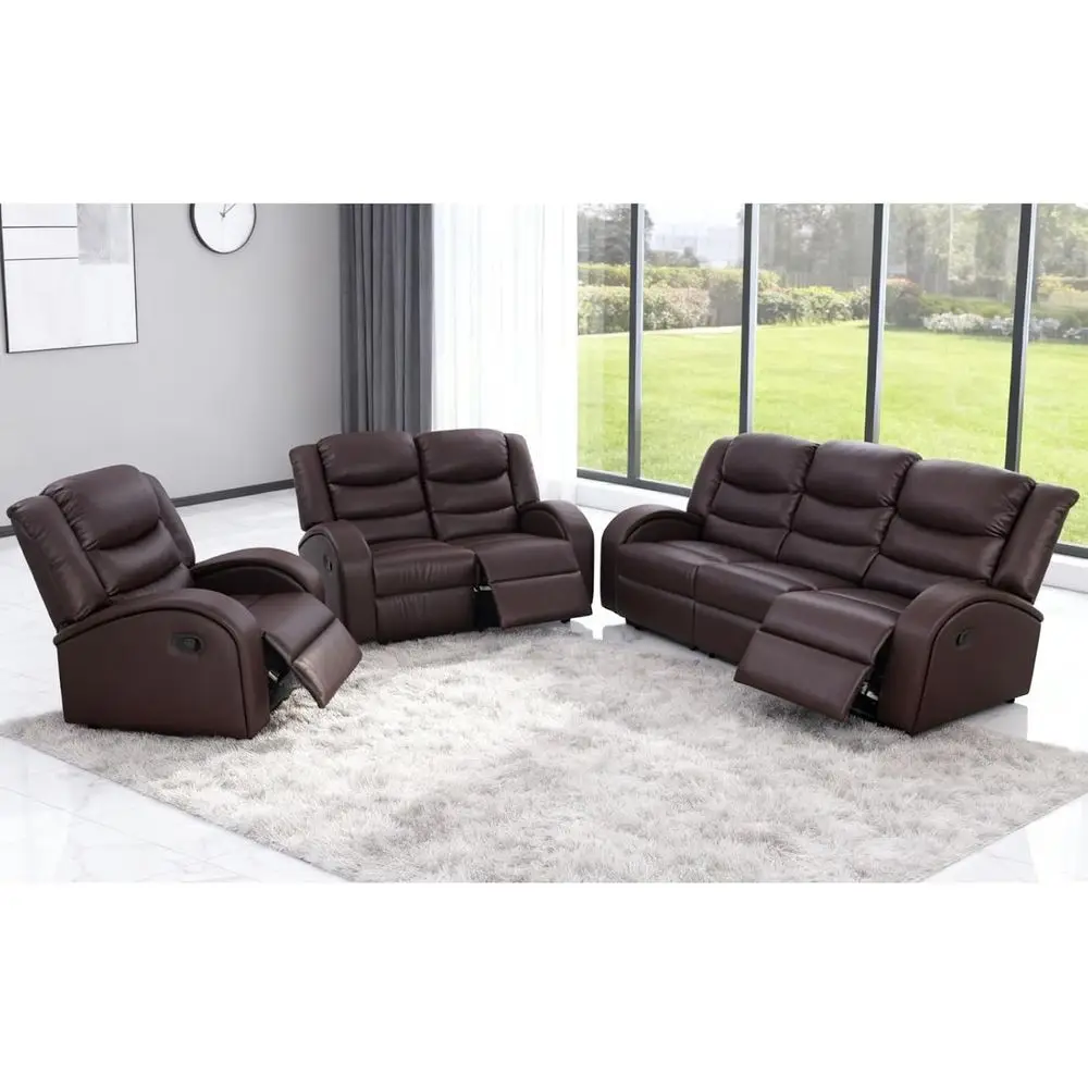 Brown Synthetic Leather Reclining Couch Set with Adjustable Backrest for Living Room and Home Theater Comfort