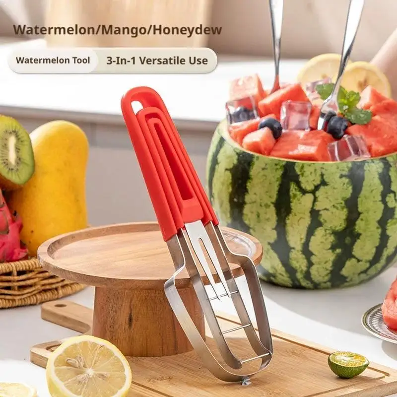 Cortador de sandía 3 en 1, herramienta de corte de sandía de acero inoxidable, juego de cuchillos y tenedores para cortar frutas, para la cocina del hogar