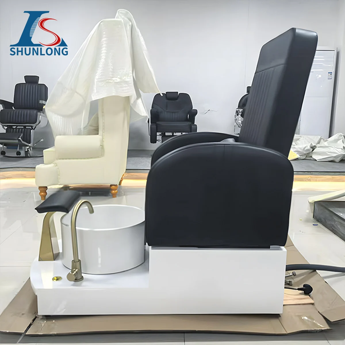 Black PU Pedicure Spa Chair Reclining Nail Salon Chair with White Ceramic Foot Basin, Storage Drawers & Gold Bracket Beauty Furn