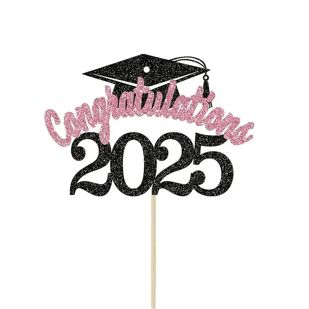 

5pcs Glitter 2025 Graduation Cake Topper Set Funny Festival Congratulations Cake Card Handmade Graduation Cupcake Toppers