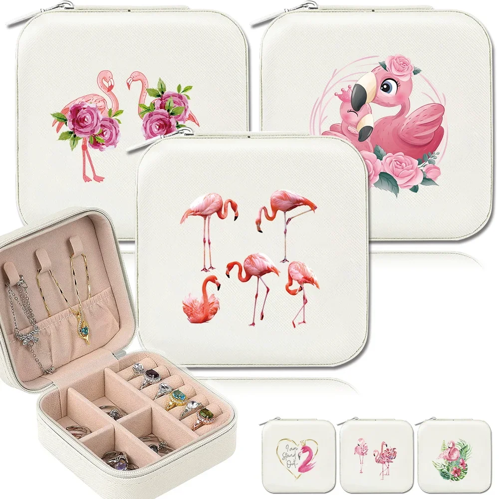 Desktop Drawer Necklace Ring Seat Jewelry Storage Box Zipper Bracelet Earrings Flamingo Pattern Series Jewels Organizer Case
