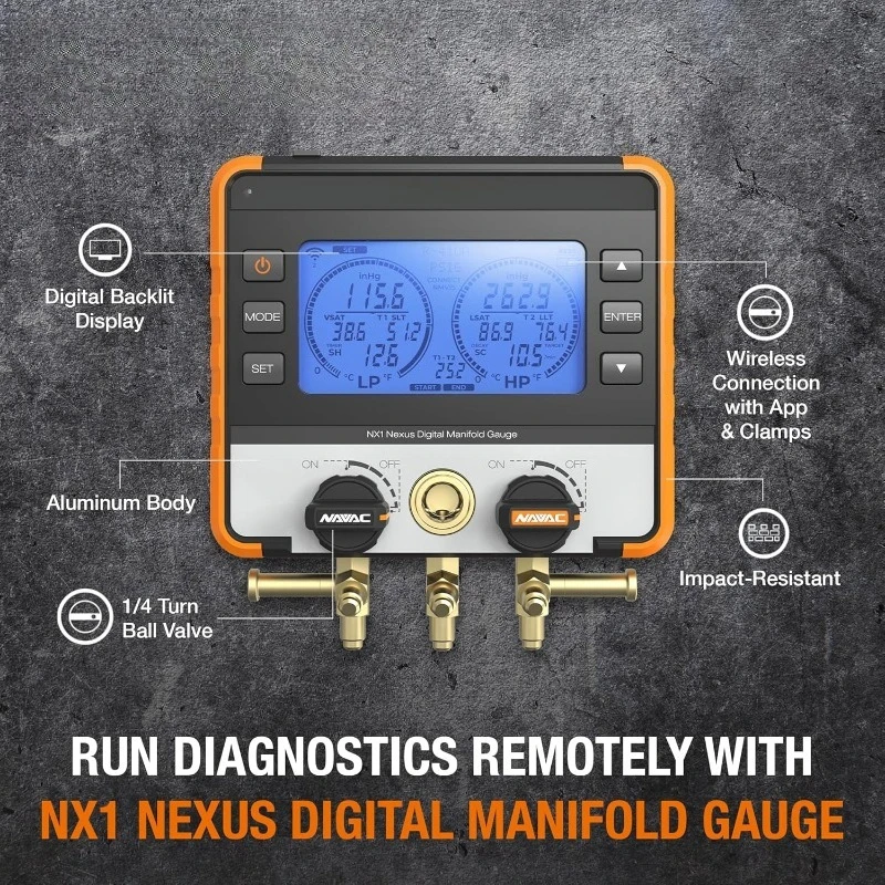 مقياس NX1 Nexus الرقمي المنوع - بلوتوث لمجسات درجة الحرارة - مقياس HVAC المقاوم للصدمات مع جسم من الألومنيوم وR