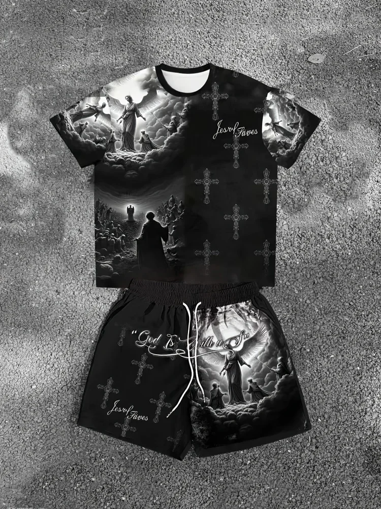 

Summer Men's Angel Christ Printed Comfortable Breathable Round Neck T-shirt Shorts Taochuang Outdoor Casual Fashion Clothing