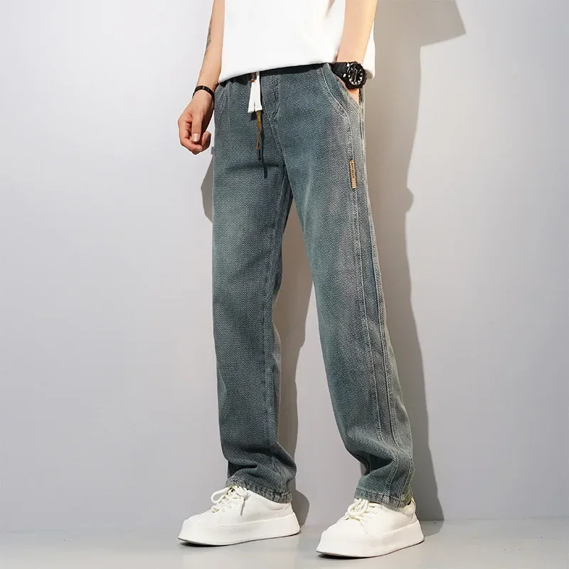 

Мужские джинсы Four Seasons с американским принтом, свободные, широкие, на шнурке, повседневные, модные, прямые, в стиле ретро, синие, джинсовые брюки для мужчин