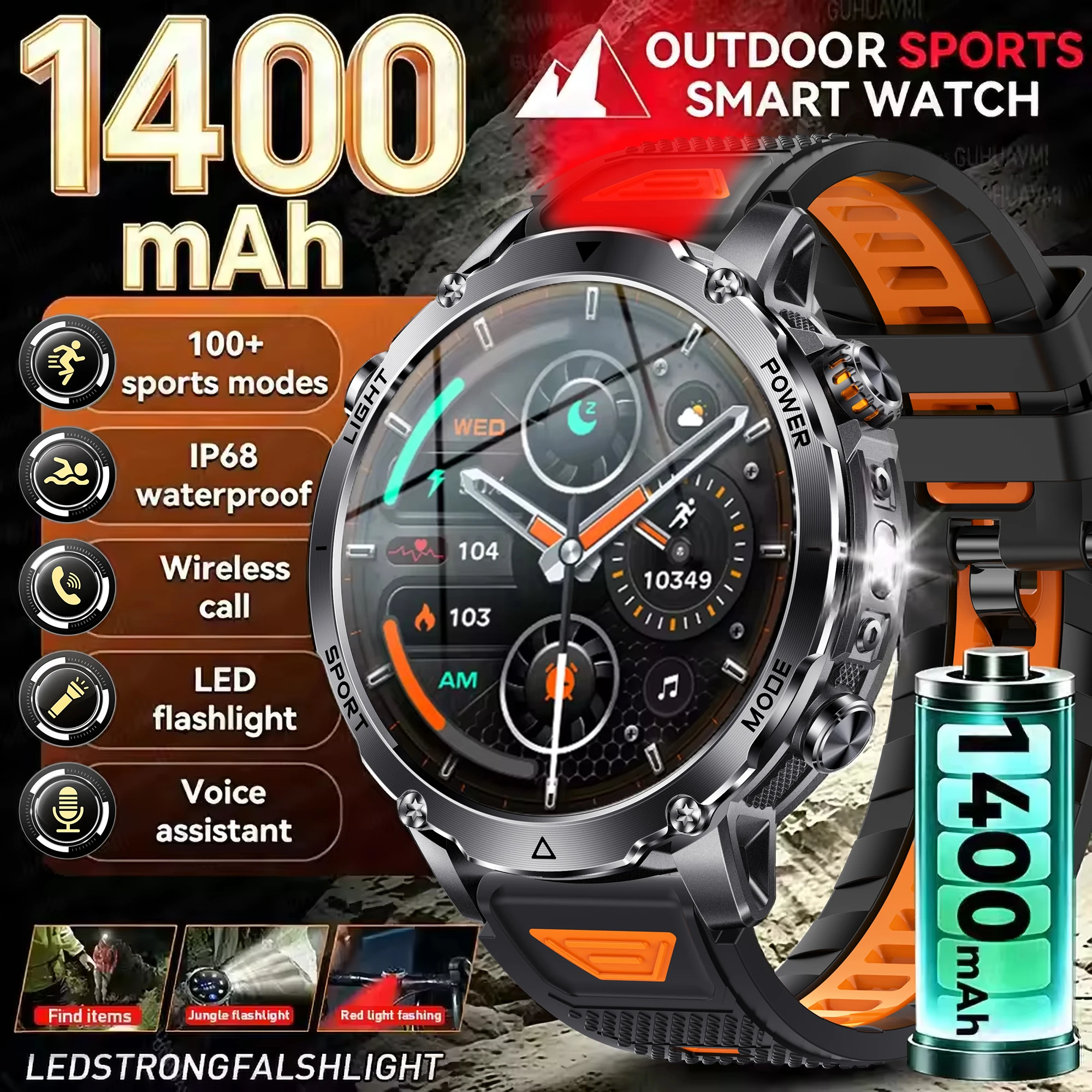 New 1400mAh Battery Smart Watch Men Military GPS Path IP68K Waterproof AMOLED Bluetooth Call Heart Rate LEDLamp Sport Smartwatch