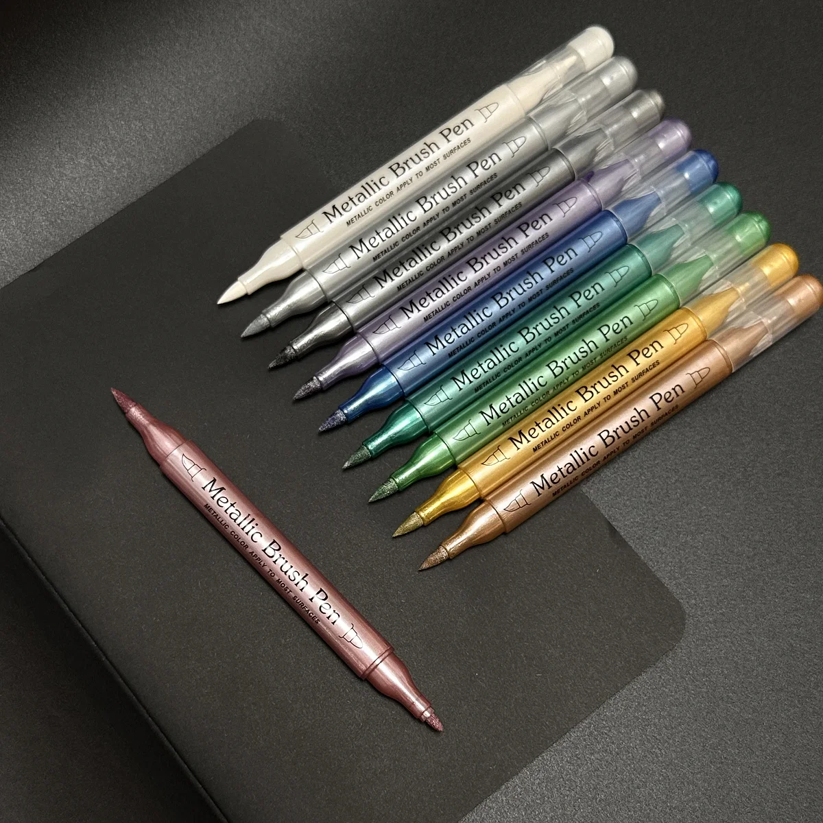 10 Pcs Metallic Dual Tip Brush & Fine Point Markers - No Bleed, Water-Based Ink, Ideal for DIY, Scrapbooking, Glass, Ceramic