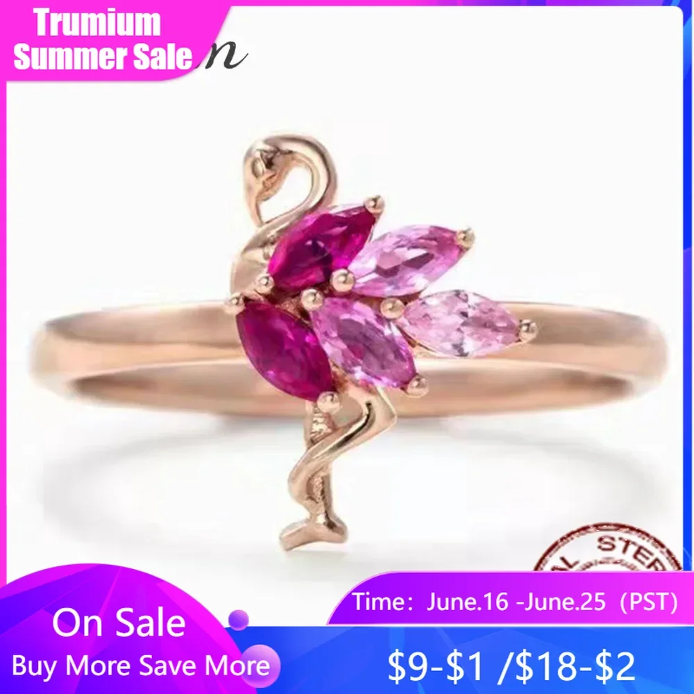 

Trumium Genuine 925 Sterling Silver Pink Flamingo Rings for Women Dainty Rose Gold Animal Fine Jewelry Girlfriend Lover Gifts