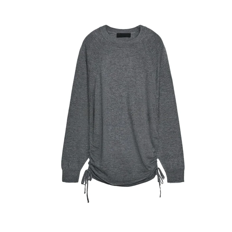 

Loose Fit Long Sve round Ne Knitted Sweater Autumn Women's Faion Lazy Sle Pleated Decoration Simple Belted Casual Top