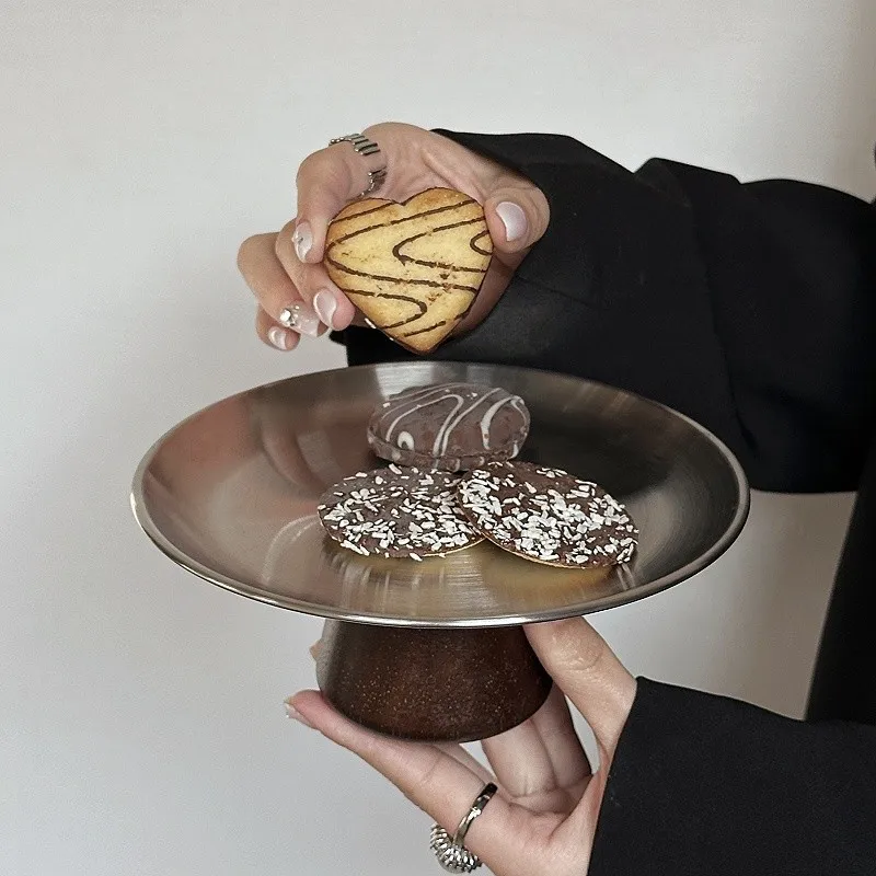 French Style Stainless Steel Fruit Platter with Walnut Wood Stand, Tiered Serving Tray for Candy Dessert, Home Tea Party