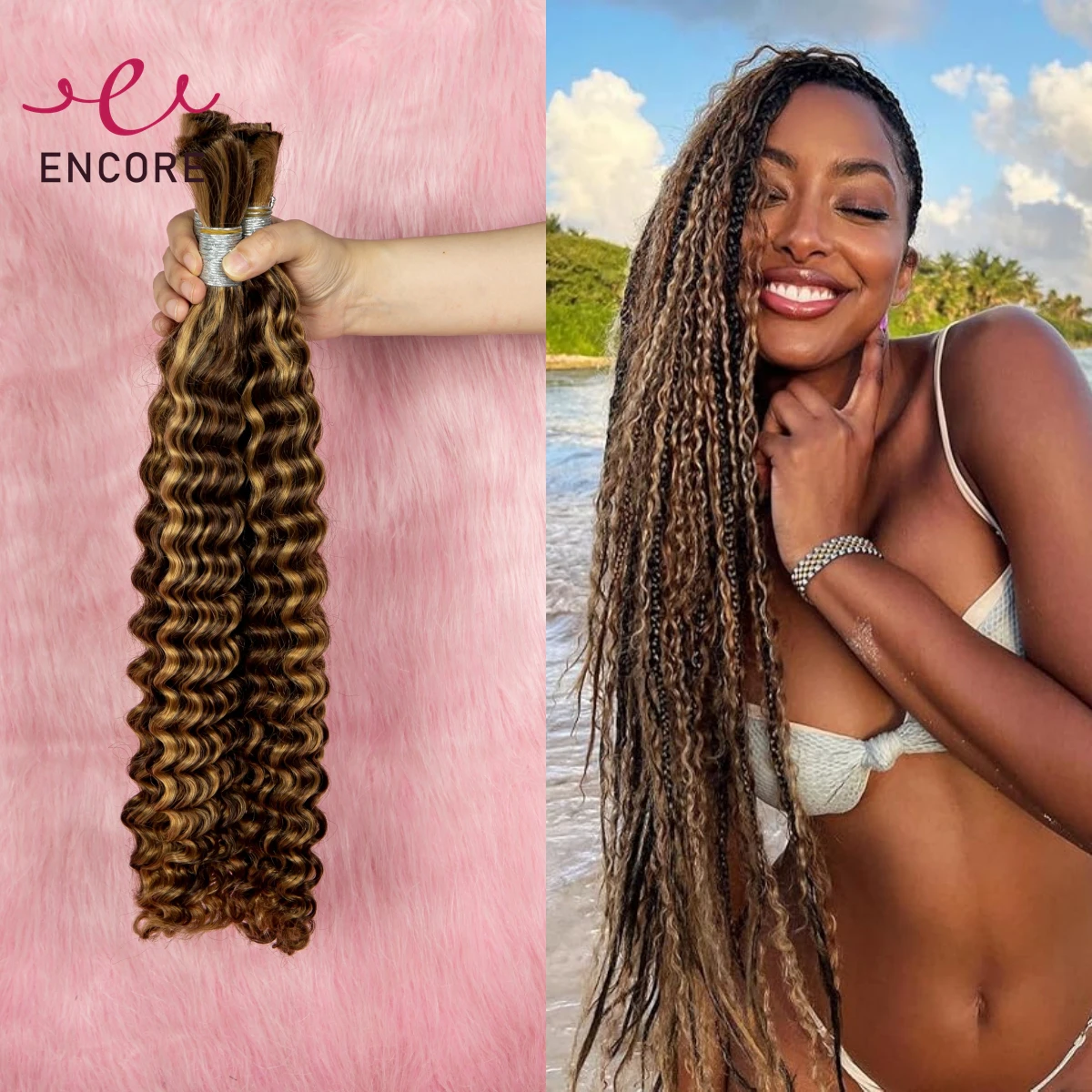 Destaque Ombre 20 22 Polegada Cabelo Humano Bulk para Boho Braiding Deep Wave 100% Brazilian Virgin Hair Bundles para extensões trançadas